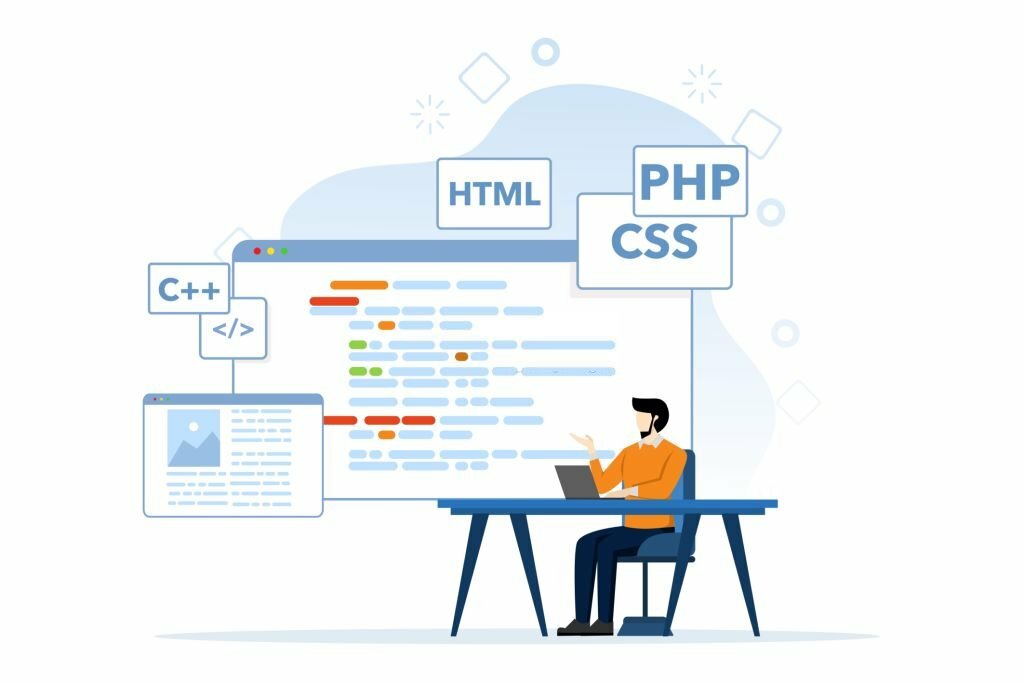 Web Development concept, characters are designing and developing websites and apps, responsive web design, website interfaces, coding and programming, flat vector illustration on background.
